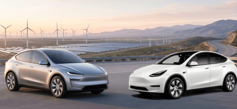 Model Y Juniper fitment comparison: the 2025 Tesla Model Y Juniper (left, full-width light bar) beside the 2020-2024 Model Y (right).